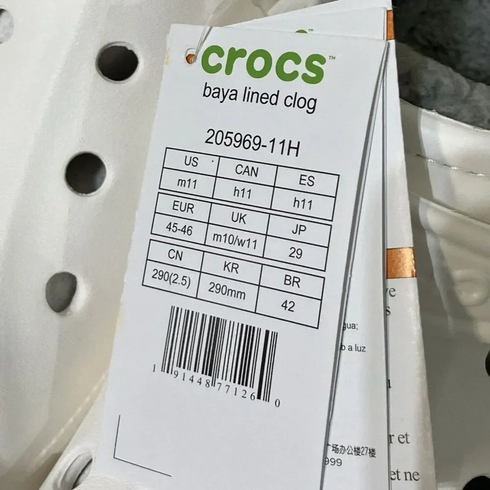 Crocs Baya Lined Clogs Slip-on Shoes White Men's Size 11 New with tags